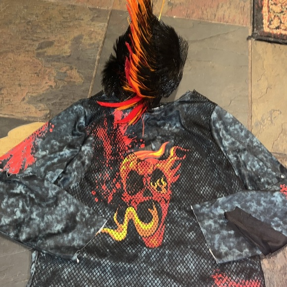 Punk EMO rocker ZOMBIE BIKER skull shirt Halloween Costume flame MOHAWK BOYS LG - Picture 13 of 15